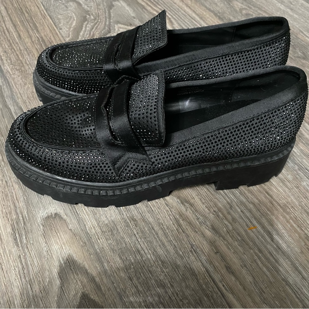 Black Rhinestone Loafer Platform Shoes - Women